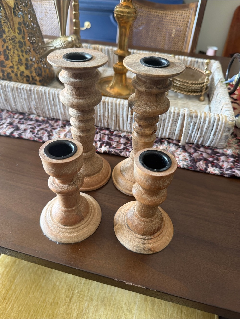 POTTERY BARN SET of 4 Wooden Turned Candle Holders - Natural Brown NEW W TAGS
